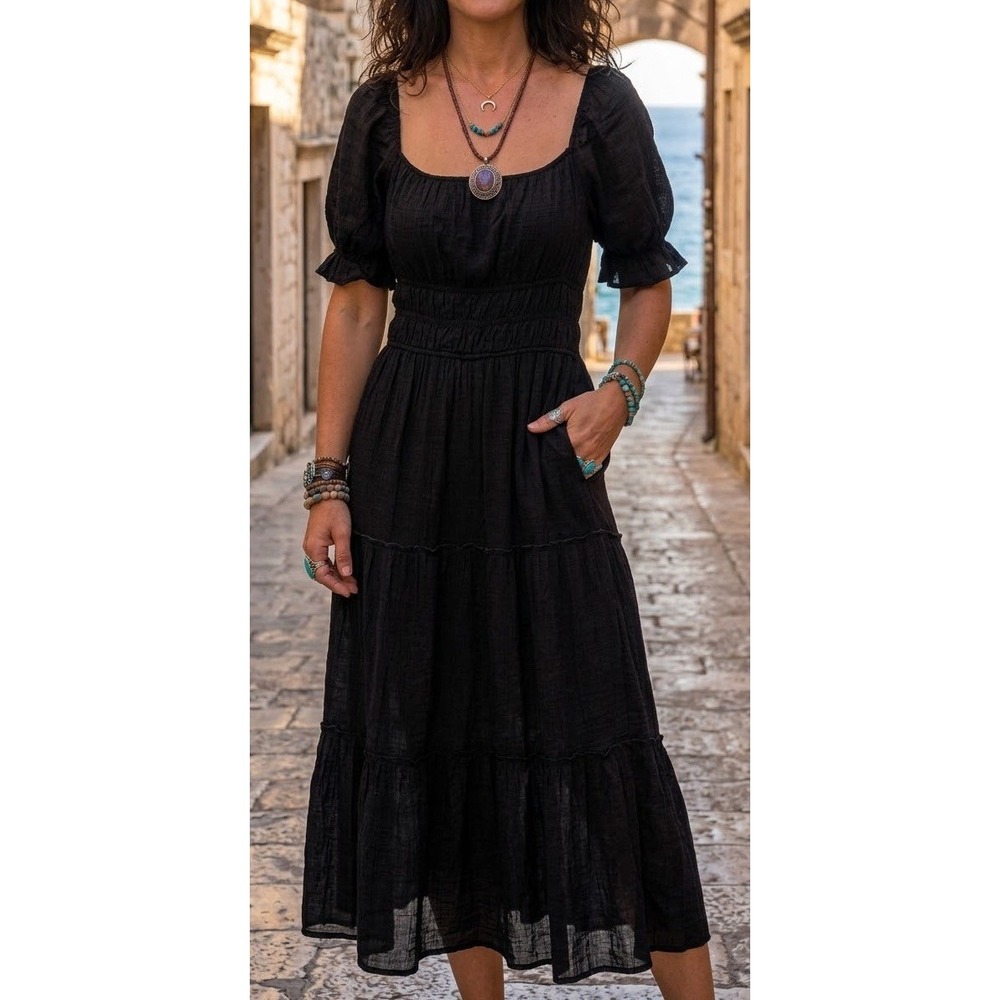 Midi Dress black SS Square Neck Smocked Tiered Ruffle Dress L Whimsygoth